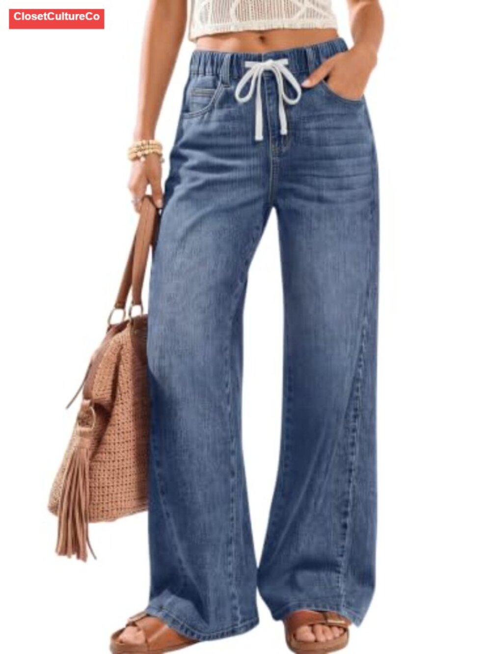 High Waisted Wide Leg Jeans Elastic Waist Pull On Casual Pants